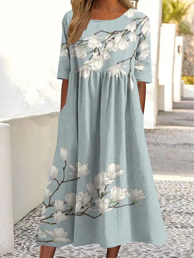 Vintage Floral Print Crewneck Pocket Midi Dress