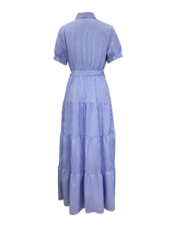 Stylish Long Sleeves Striped Lapel Collar Maxi Dresses
