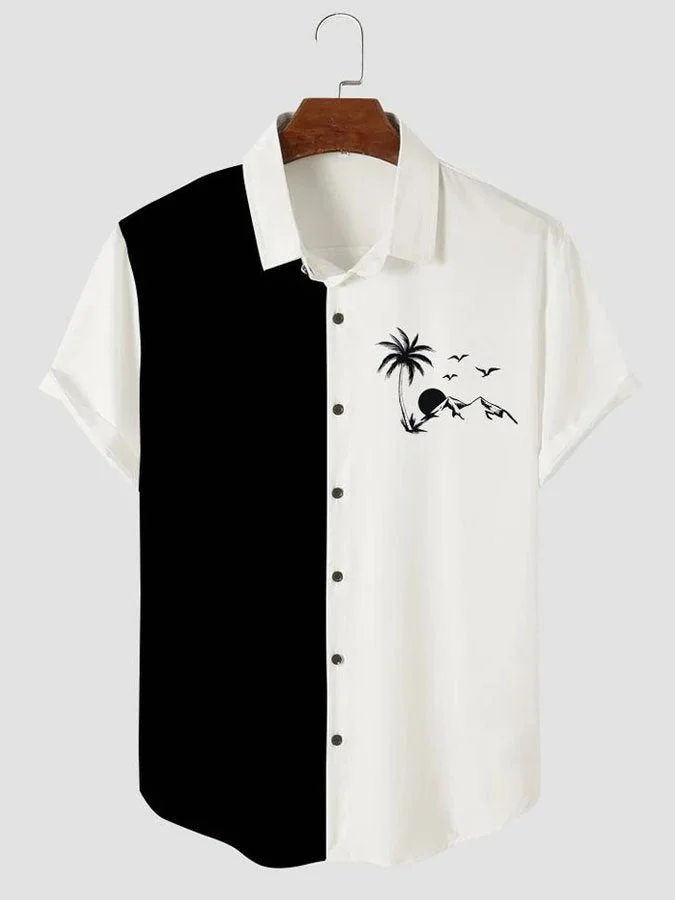 Men's Casual Simple Beach Coconut Tree Patchwork Short Sleeve Hawaiian Shirt