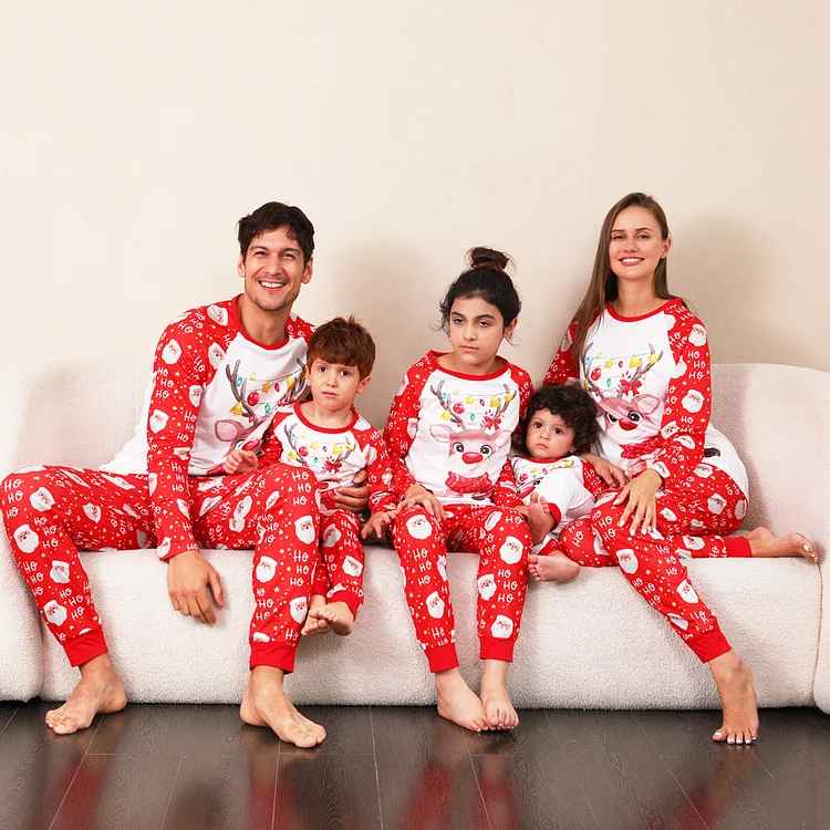 Christmas Deer Print Cartoon Print Family Matching Pajamas Set(Red)