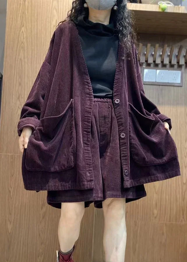 Plus Size Purple Pockets Corduroy Two Piece Suit Set Spring