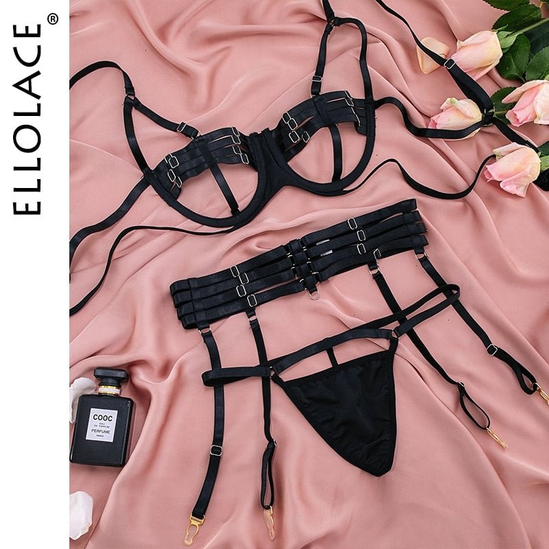 Ellolace Lingerie Sexy Exotic Costumes Hollow Out Bra Porn 3-Piece Sissy Underwear Sets Black Bandage Pornographic Outfits