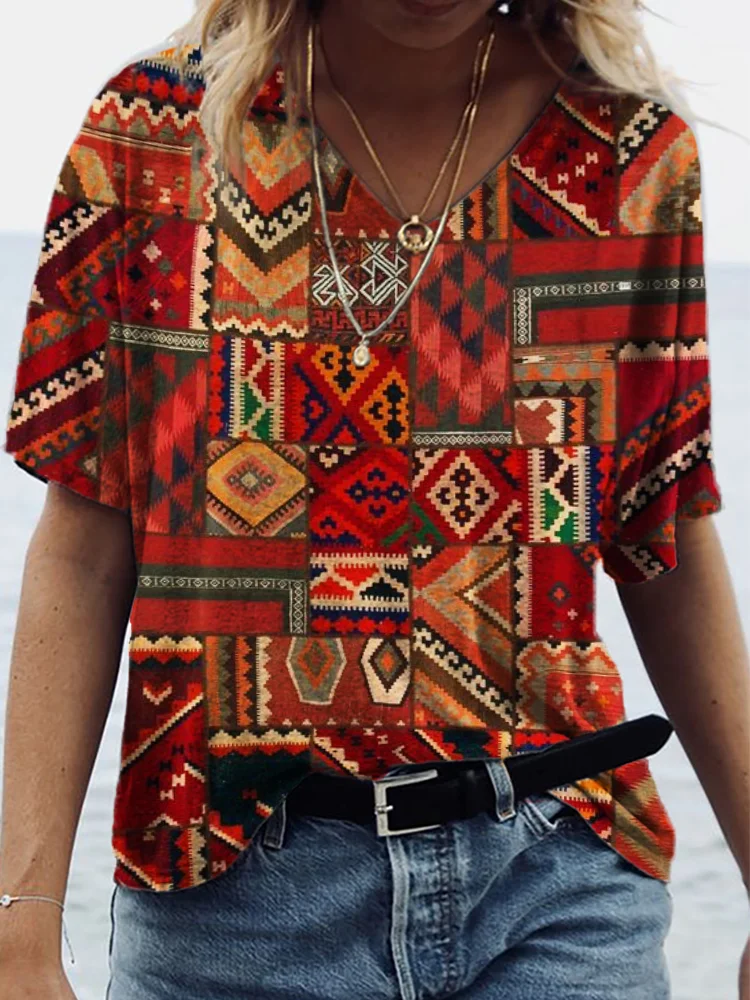 Comstylish Western Ethnic Aztec Patchwork Art V Neck T Shirt