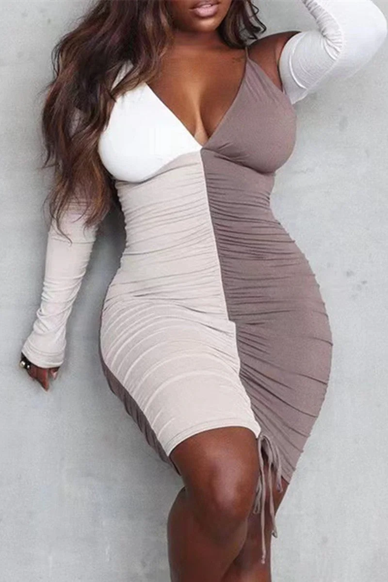 Fashion Sexy Patchwork Backless Fold V Neck Long Sleeve Dresses