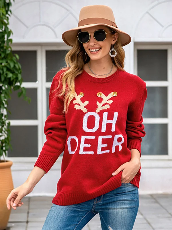 Women's Long Sleeve Sweater Knit Letter Bells Crew Neck Christmas Sweater Flusfy