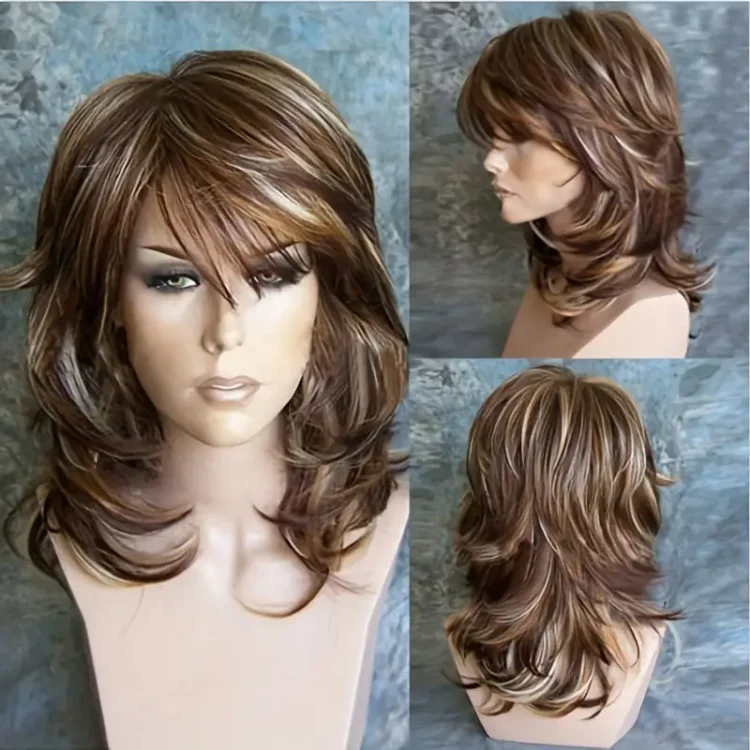 Layered Medium Long Curly Bob Cut Wig With Bangs Synthetic Wig
