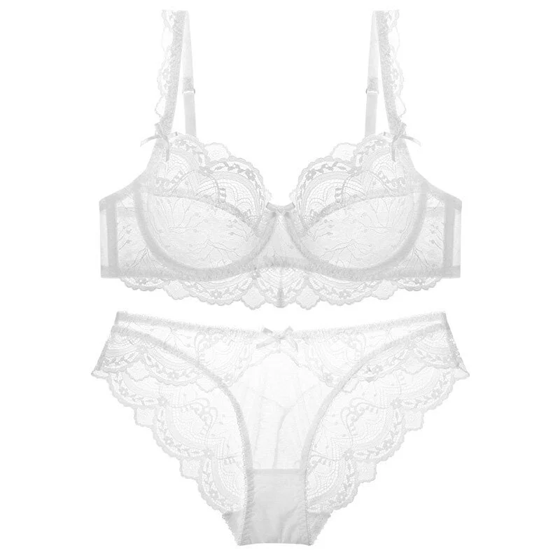 TERMEZY Women Ultra-thin Cup Sexy Lace Underwear Transparent Bra Set Lingerie Comfortable Brassiere and Panties Plus Size Set