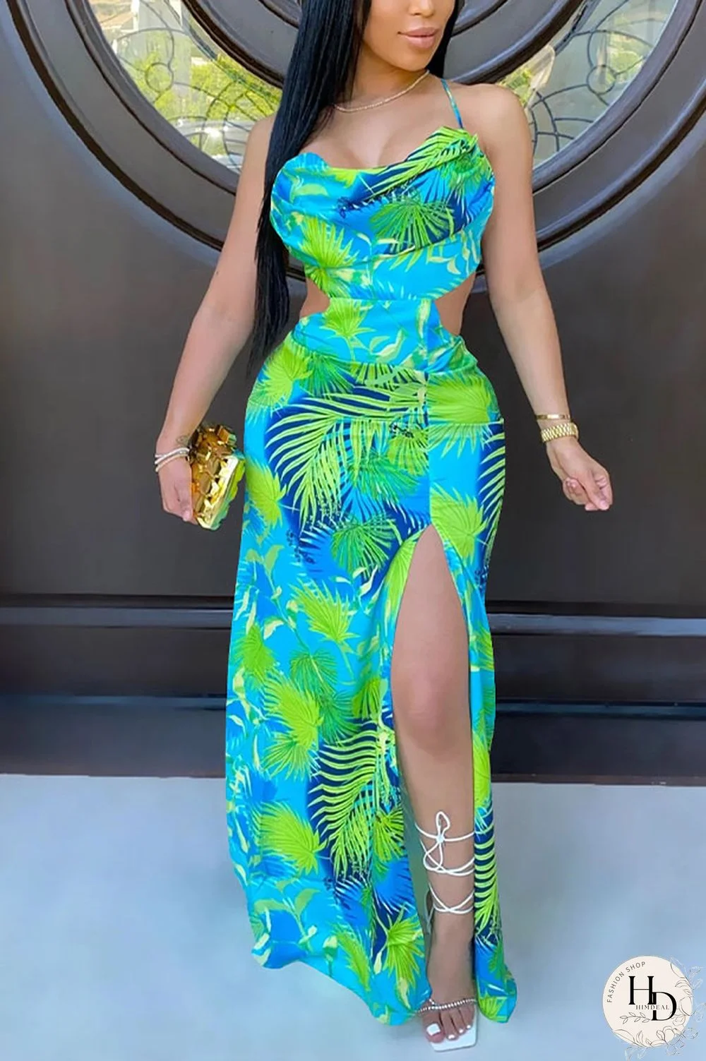 Green Sexy Spaghetti Strap Sleeveless Slip Swagger Floor-Length Print Dresses