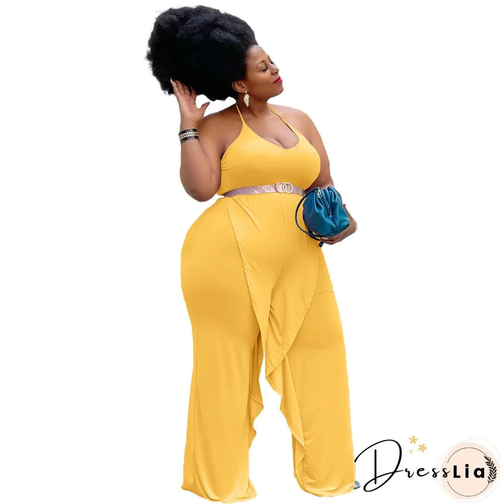 Casual Solid Color Sleeveless Ruffle Halter Lace Up Party Club Summer Plus Size Loose Wide Leg Jumpsuits