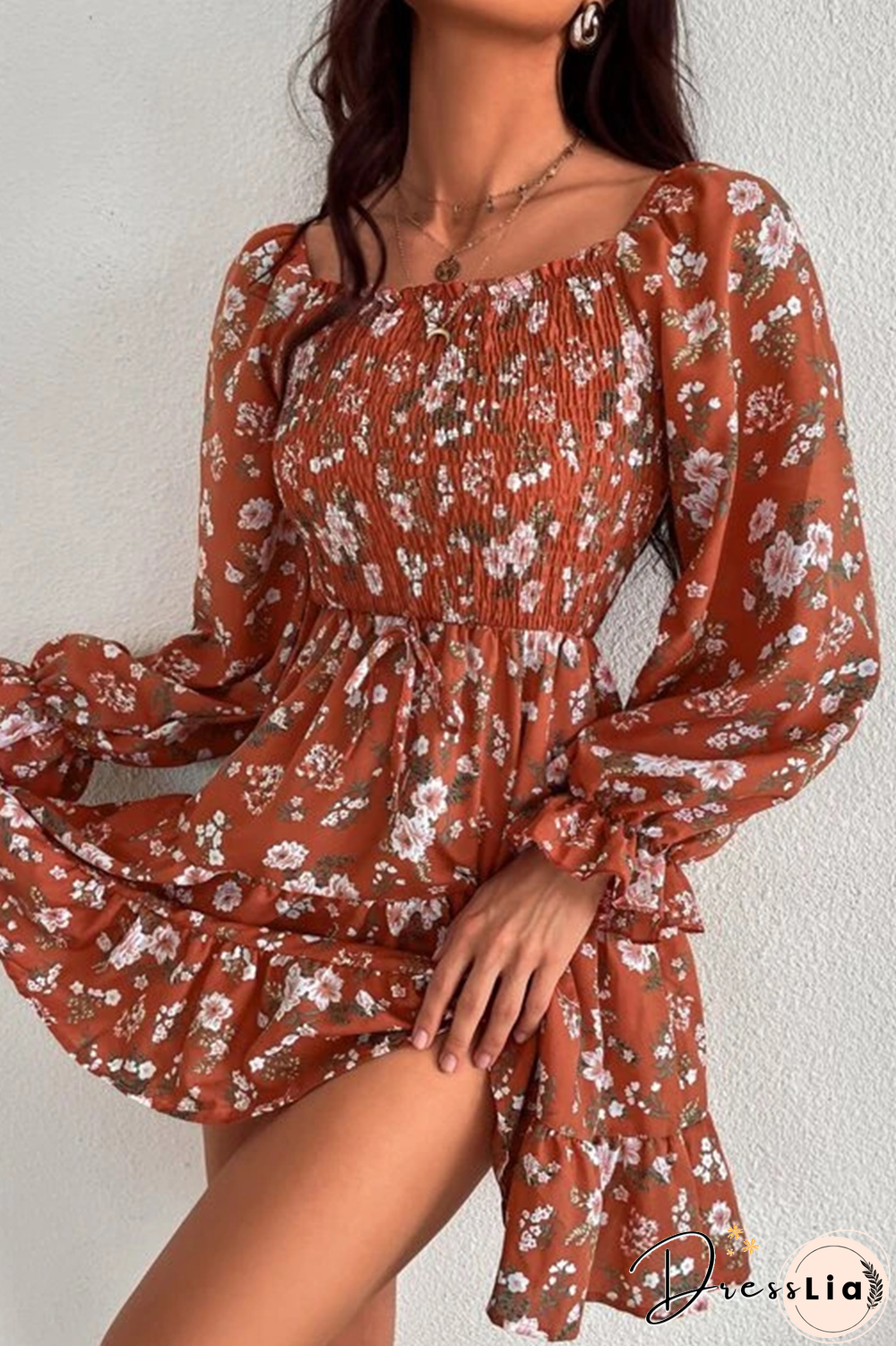 Elegant Floral Split Joint Stringy Selvedge Square Collar Waist Skirt Dresses