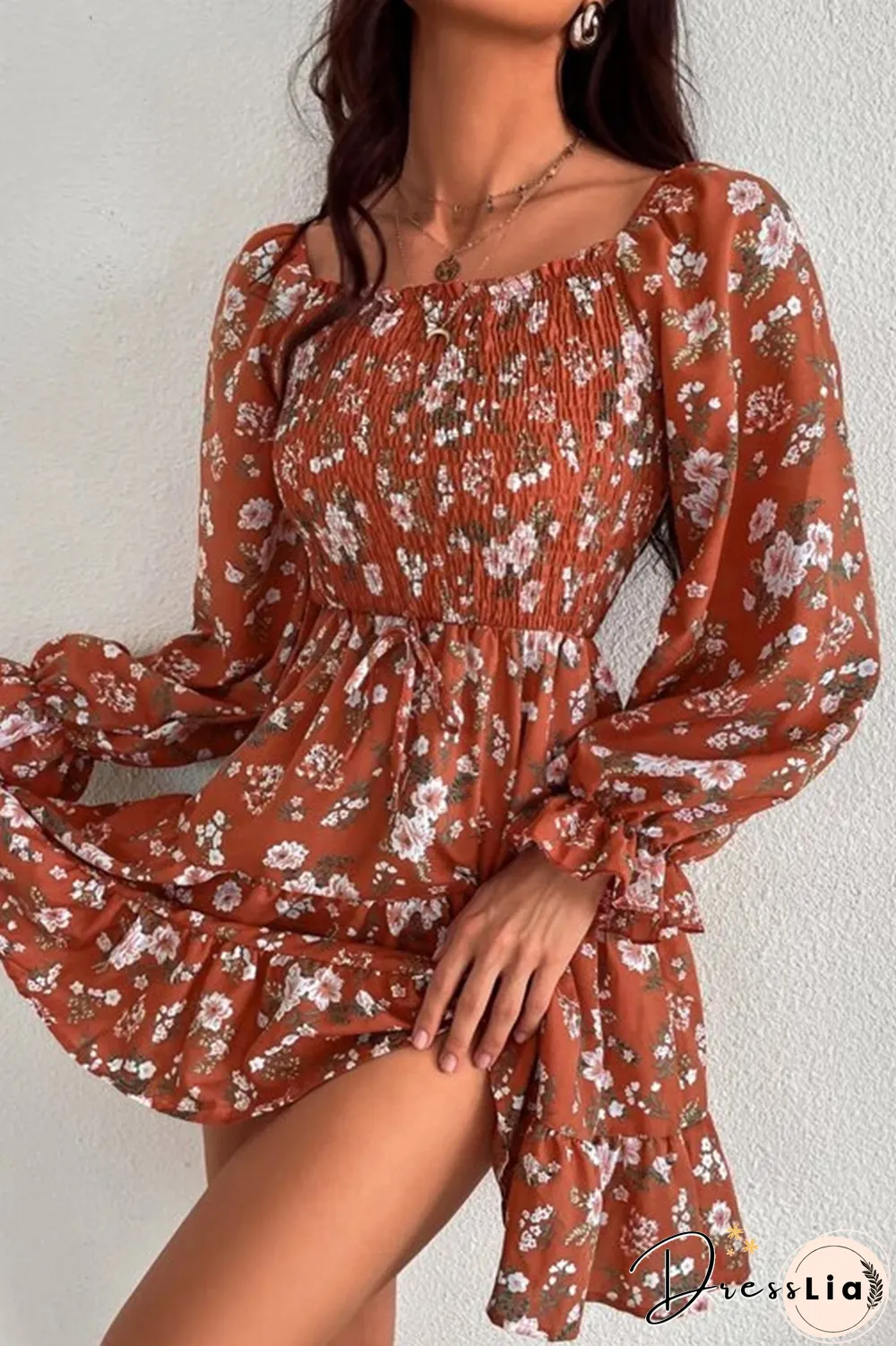 Elegant Floral Split Joint Stringy Selvedge Square Collar Waist Skirt Dresses