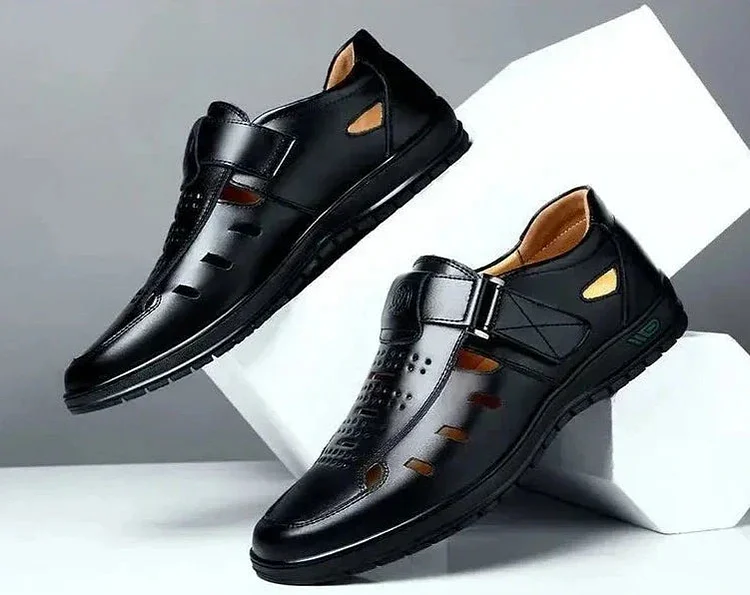 Men’s Leather Sandals – Closed Toe – Breathable Cut-Out Design – Adjustable Buckle Strap Radinnoo.com