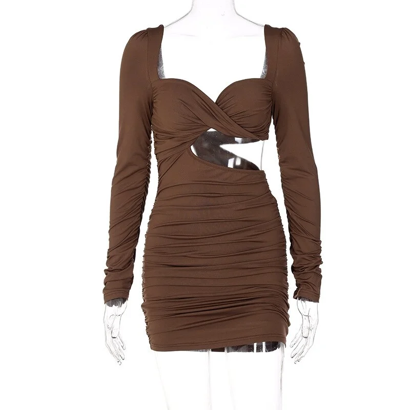 Pure Color Slash Neck Long Sleeve Backless Hollow Out Pleated Slim Mini Dress 2023 Fall Women Fashion Elegant
