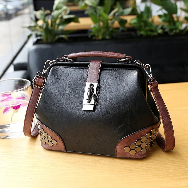 Fashion Women Handbags New Women Lock Chain Rivets Vintage Pu Leather Crossbody Shoulder Bag Ladies Doctor Bags Female Totes