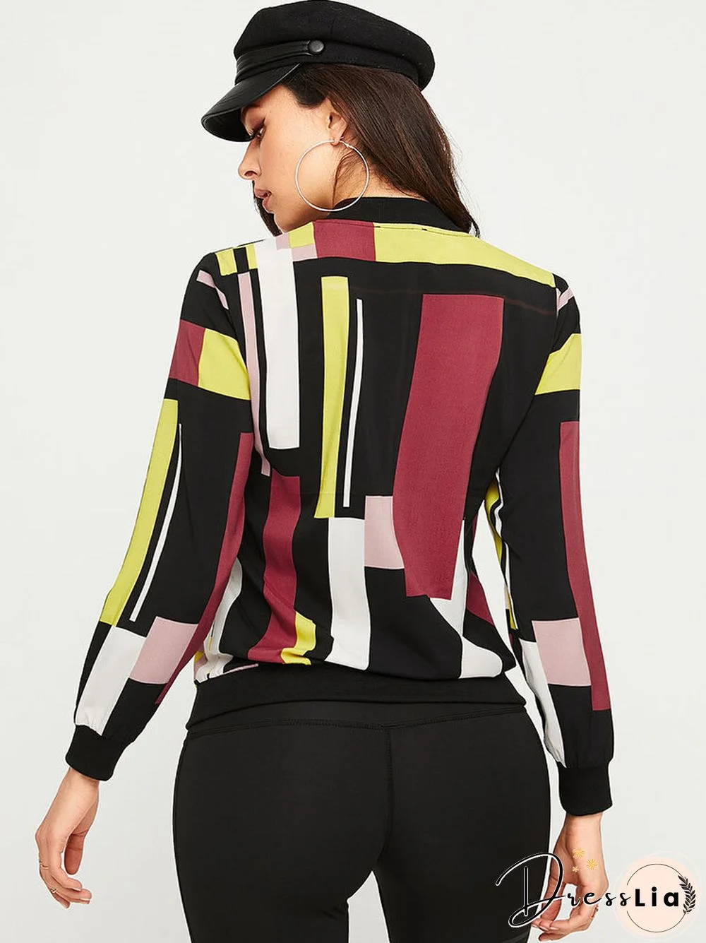 Geo Print Zip Front Pocket Long Sleeve Stand Collar Jacket