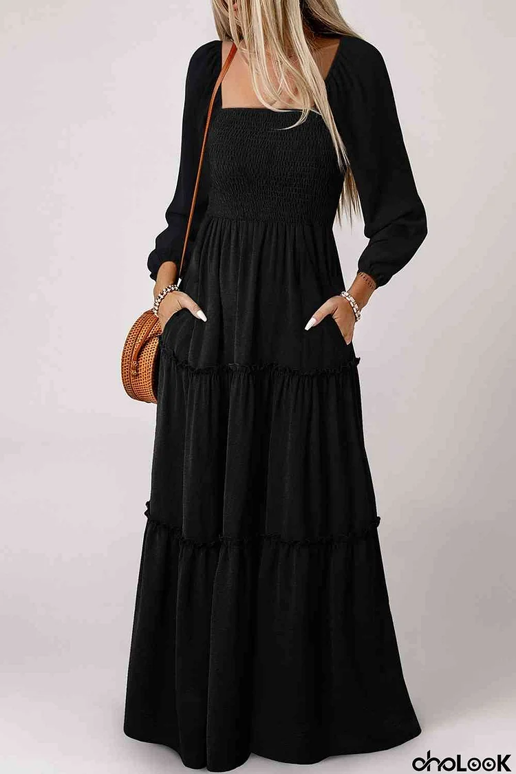 Square Neck Long Sleeve Tiered Dress
