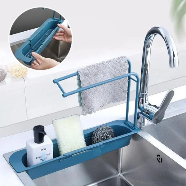 Self-draining retractable sink storage water rack soap sponge storage basket rack rag towel bar