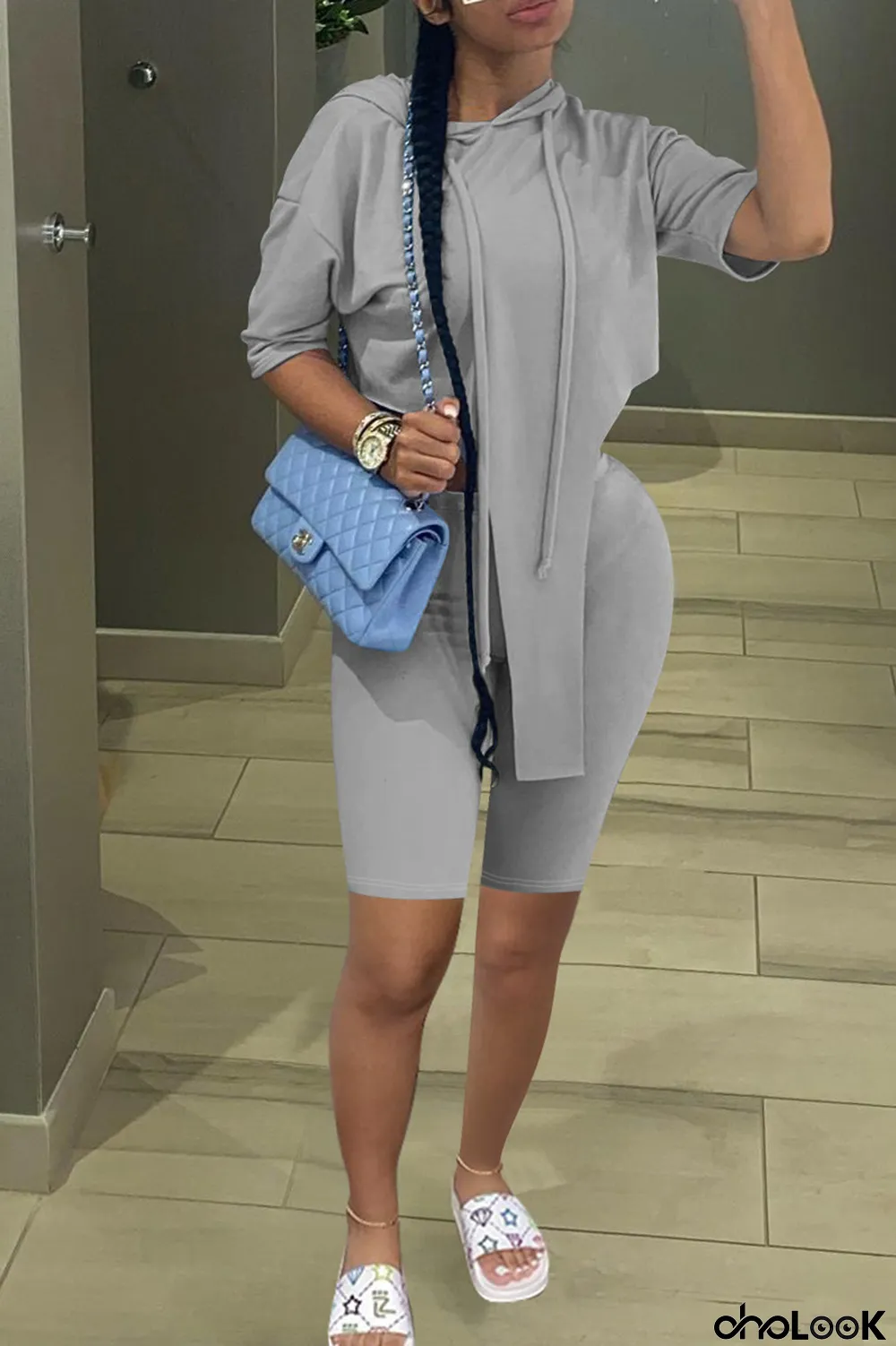 Grey Fashion Casual Solid Asymmetrical Spaghetti Strap Short Sleeve Two Pieces