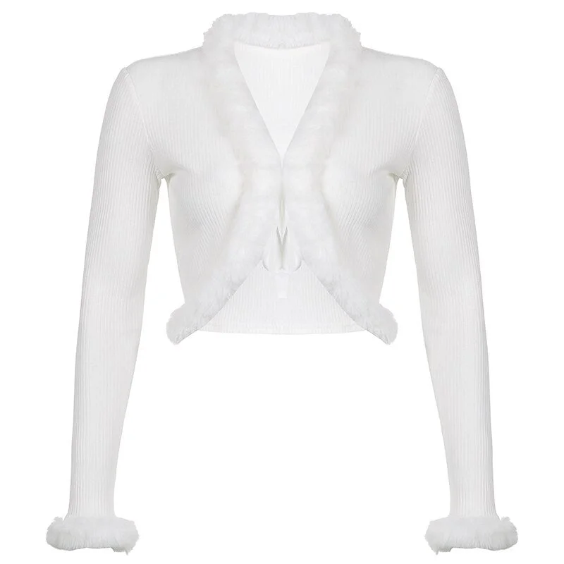 Fur Patchwork Y2K Knit Cardigans Lace Up Solid Autumn Vintage Grunge Clothes Streetwear Fashion Korean Knitwears Cuteandpsycho