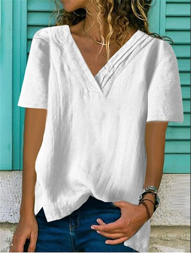Women's Big V Neck Short Sleeve Hem Bifurcated Multi-layer Collar Pleated T-Shirt Top