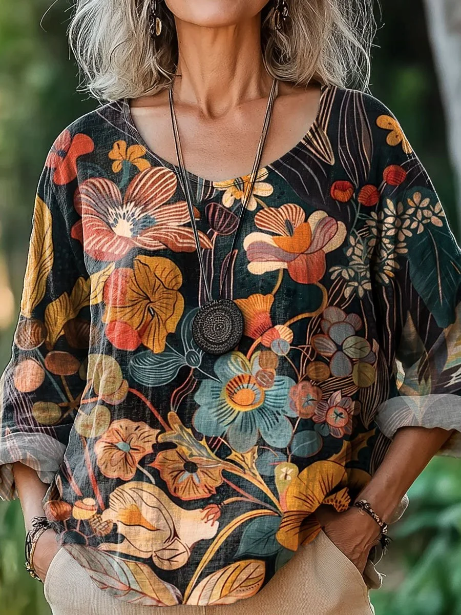 Women's Vintage Floral Art Print Casual Cotton And Linen Shirt