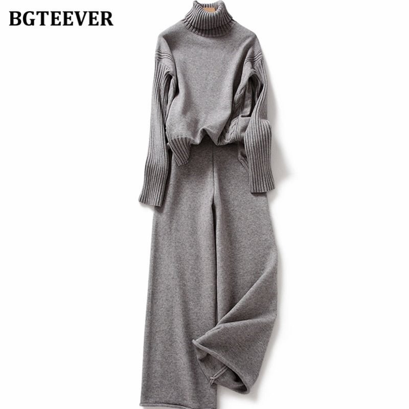 BGTEEVER Autumn Winter Thicken Knitted 2 Pieces Set Women Turtleneck Pullover Sweater & Wide Leg Pants 2021 Sweater Set Female