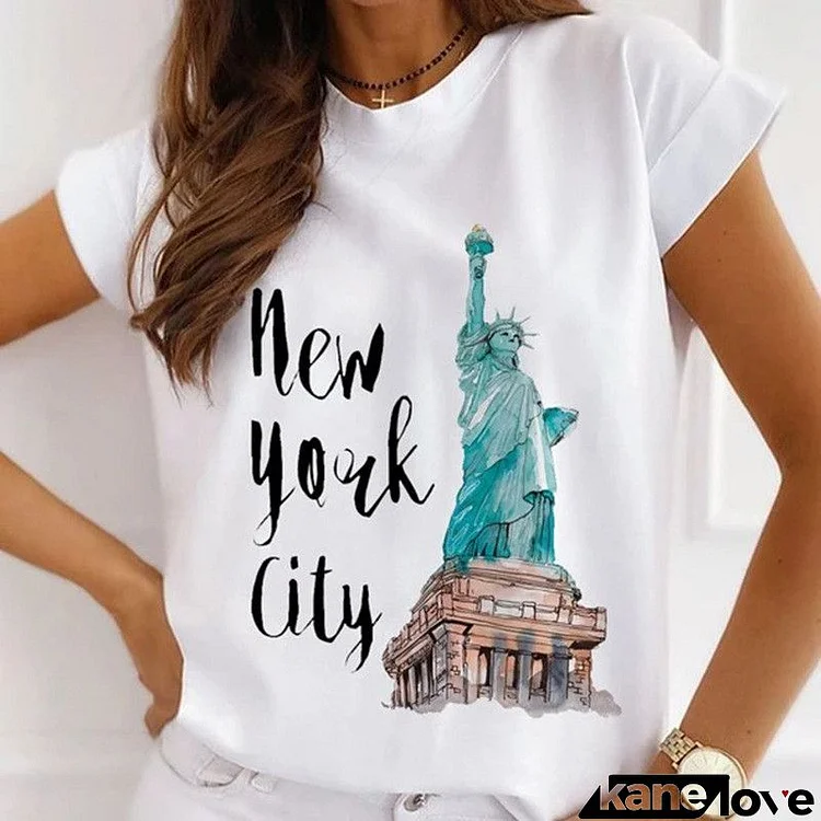 Women Fashion Casual City Woman Liberty Printed Crewneck Short Sleeve T-Shirt