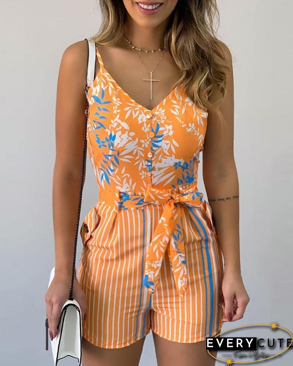 Spaghetti Strap Leaf Print Striped Knotted Romper P15385