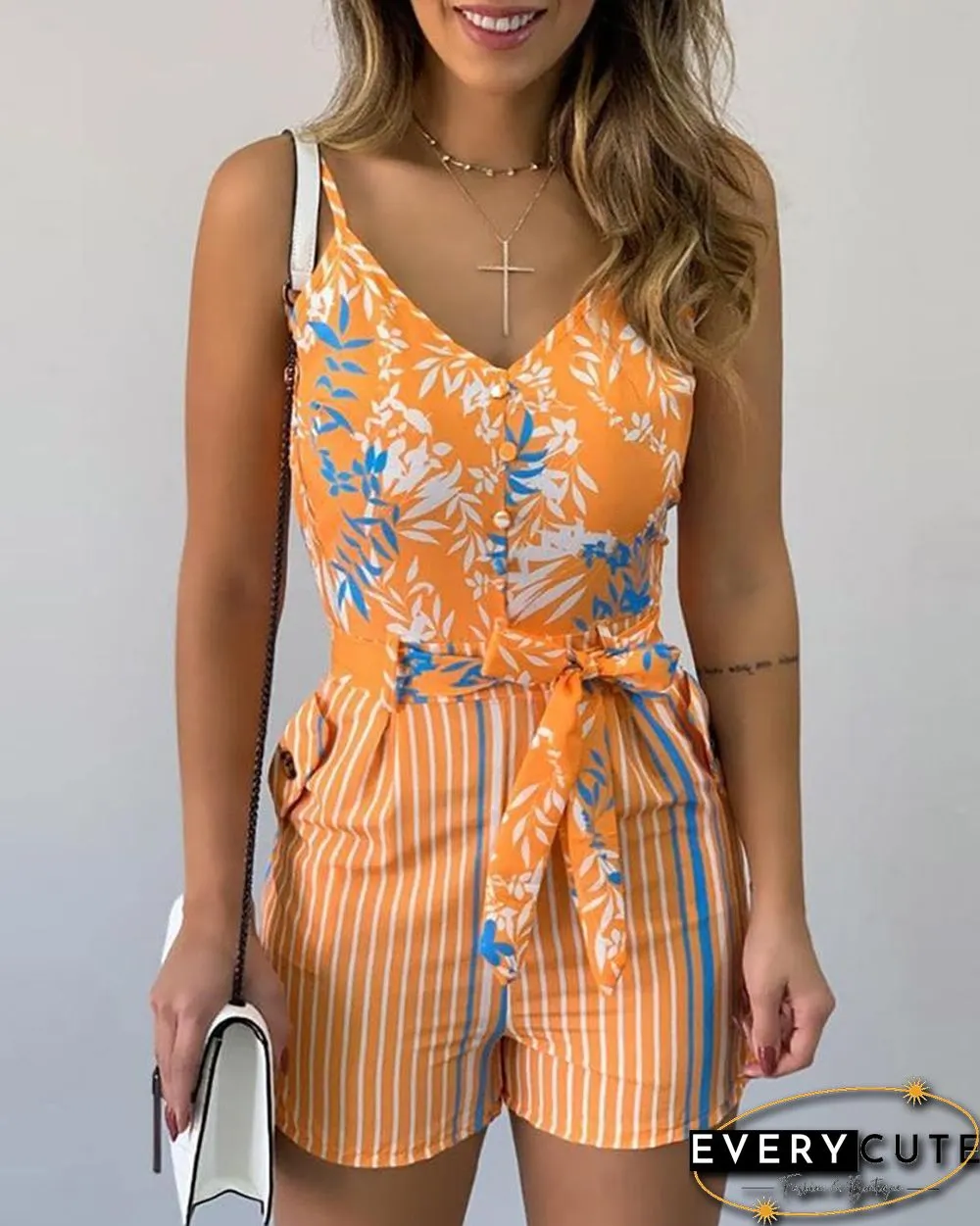 Spaghetti Strap Leaf Print Striped Knotted Romper P15385
