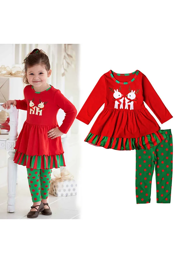 Cute Long Sleeve Kids Girls Christmas Reindeer Print Dress Red-elleschic