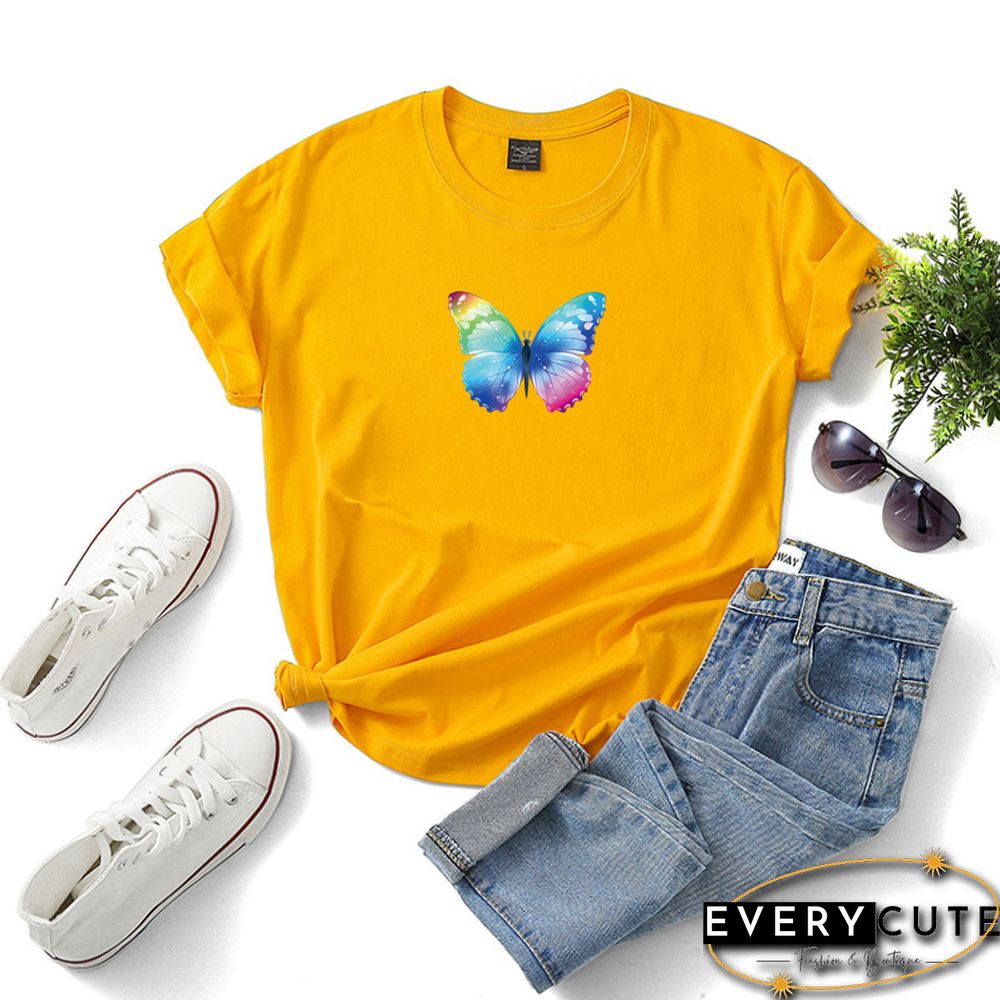 Yellow Reflective Butterfly Print Cotton Tees