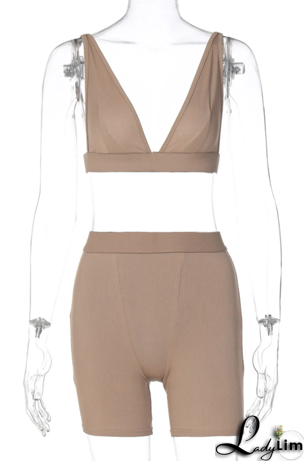 Grey Sexy Solid Split Joint V Neck Sleeveless Two Pieces