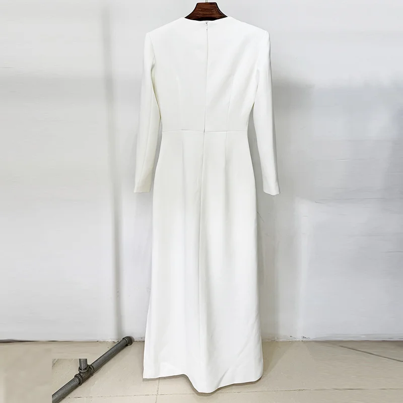 Nigikala Nigikala Star Temperament Dress Embroidered Nails Flowers Long Sleeve Open Fork Long Dress