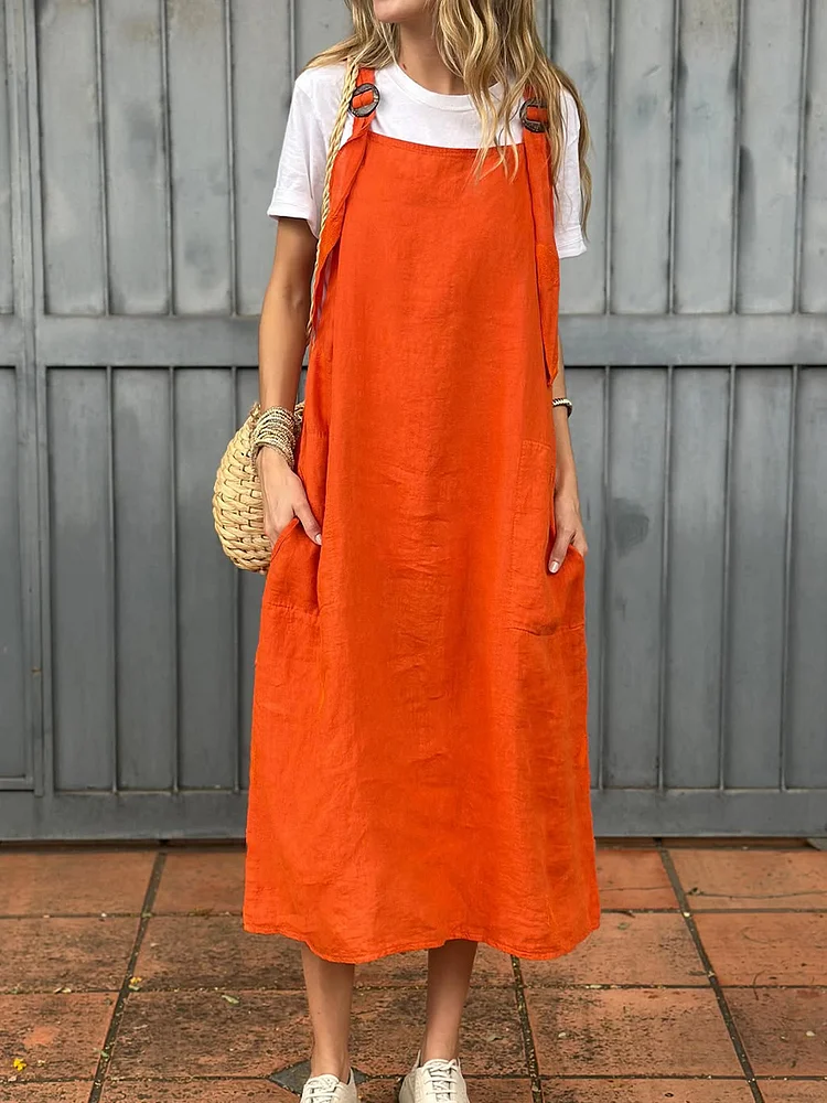 Womens Adjustable Shoulder Strap Pocket Cotton and Linen Dress