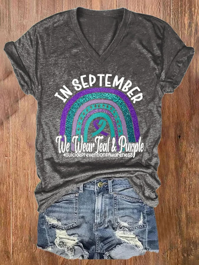 V-neck In September We Wear Teal And Purple Prevention Print T-Shirt socialshop