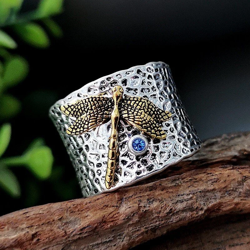 925  Silver Dragonfly Ring With Blue Diamond✨