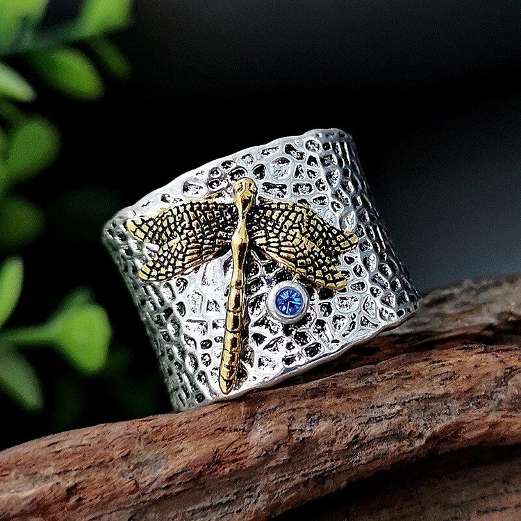 Silver Dragonfly Ring With Blue Diamond✨