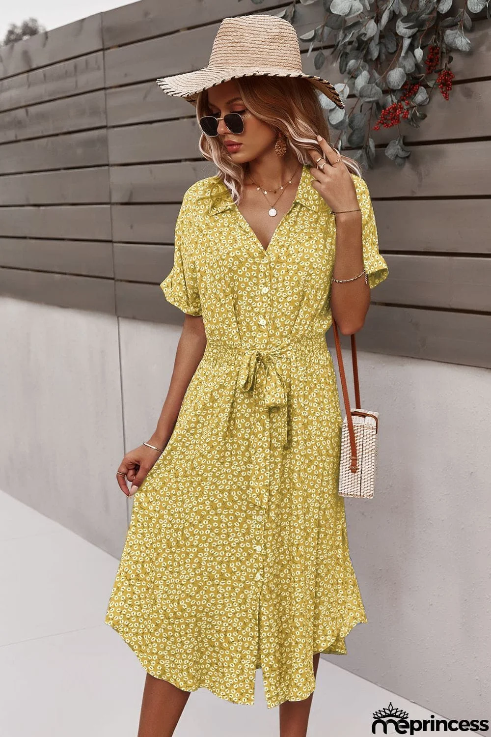 Floral Tie Front Slit Dress