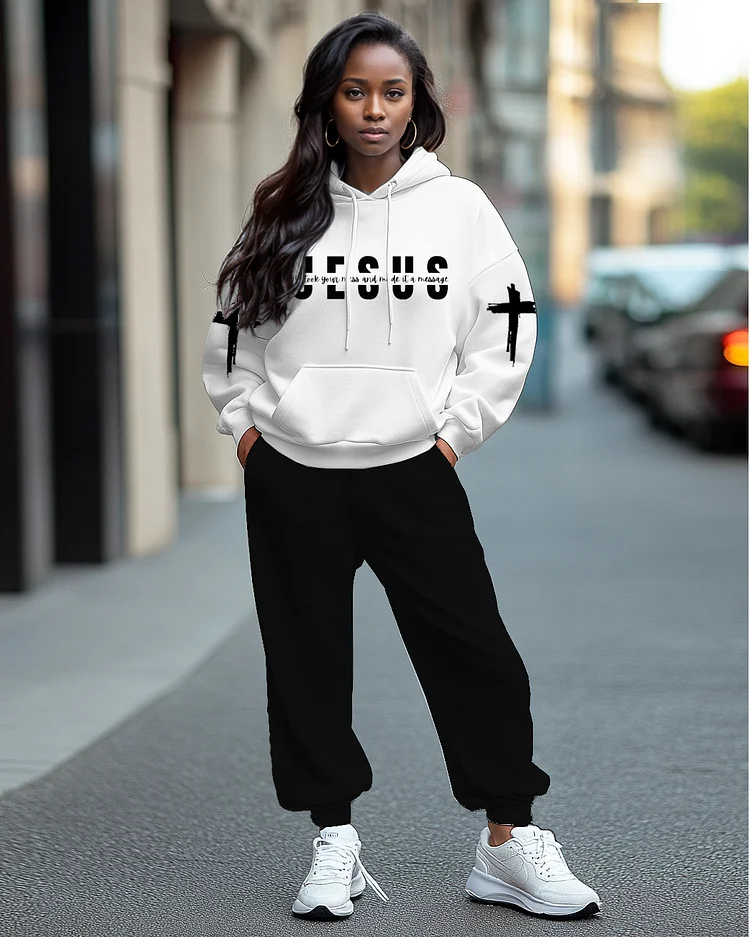 Jesus Print Printed Long Sleeve Hoodie Two Pieces Set