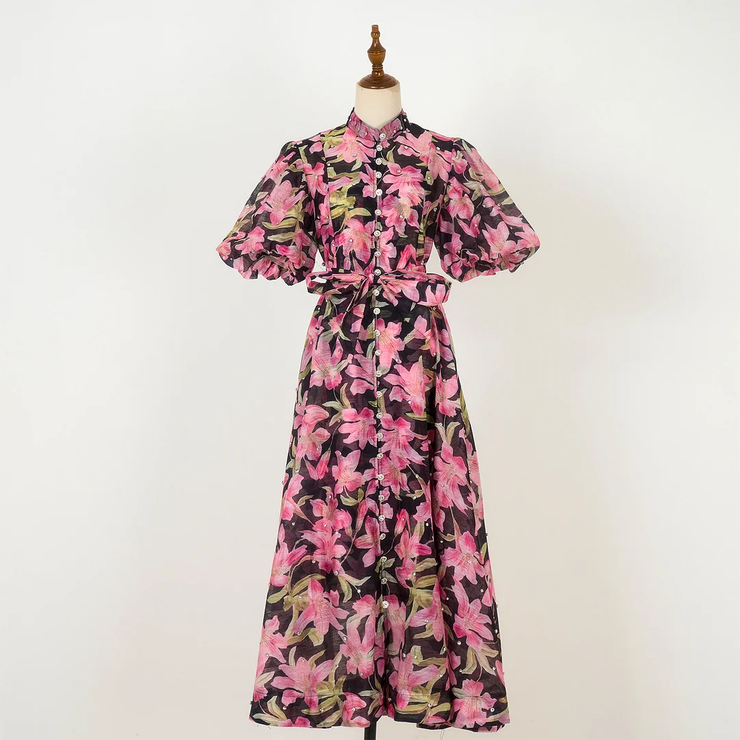 Nigikala Nigikala Court Style High Design Feeling Heavy Industry Nail Drill Short Sleeve Single Buckle Dress + Sling