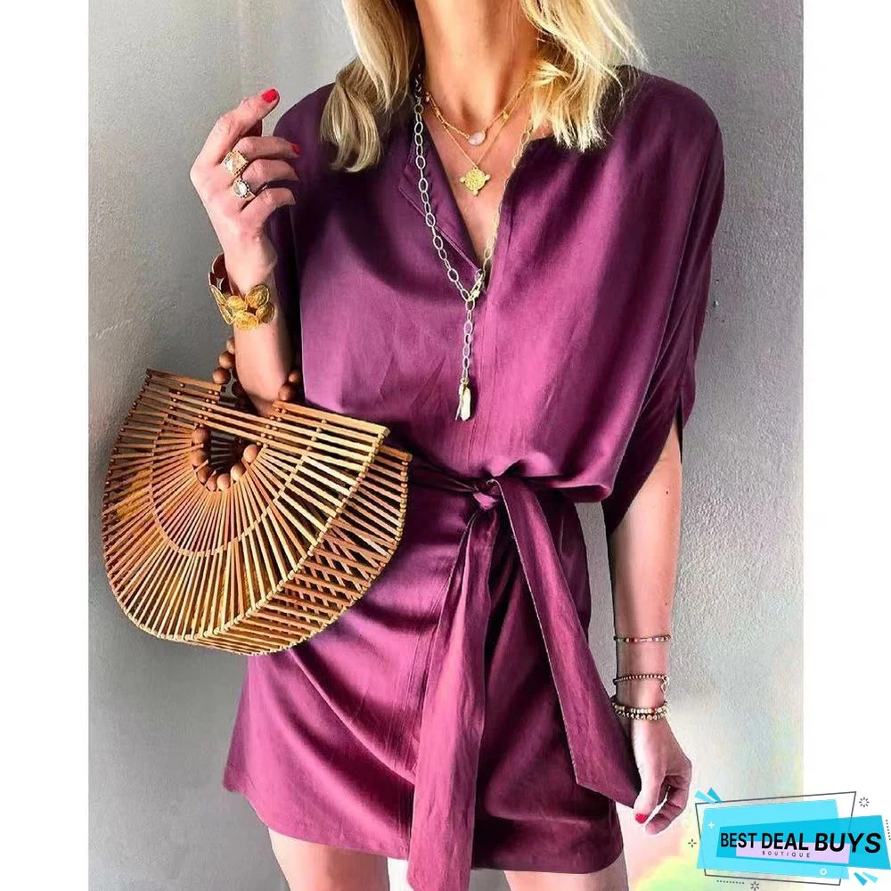 Half Sleeve Lace Up Satin Casual Dress