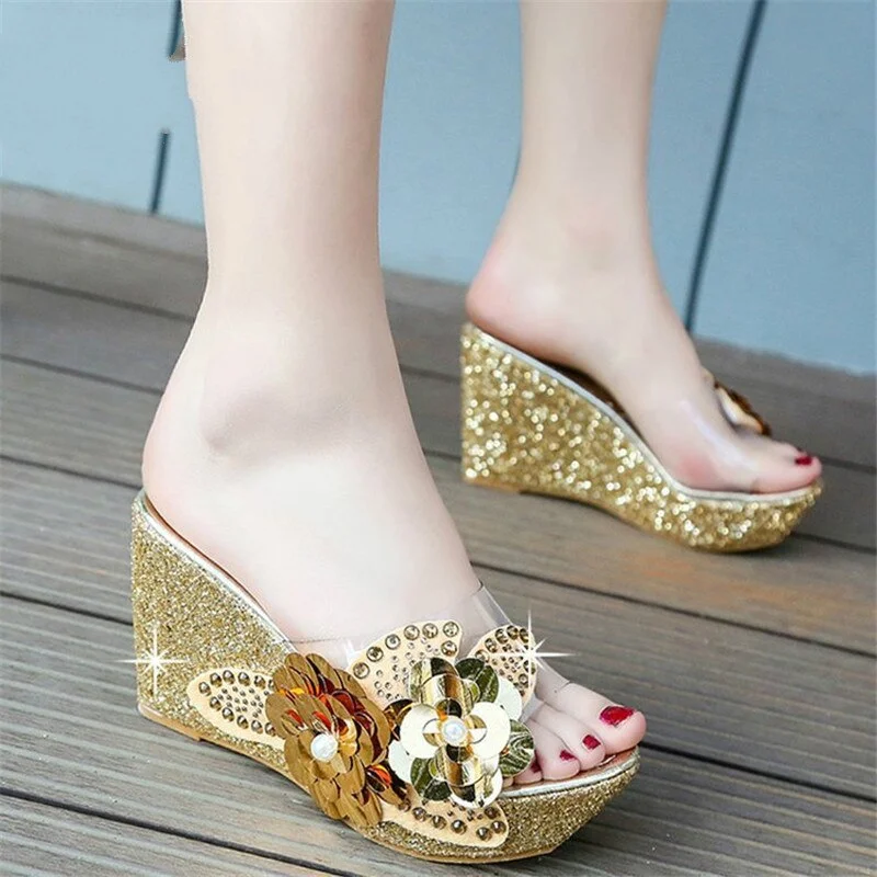 2023 Summer New Wedges Sandals Women Sexy Crystal Transparent High Heels PVC Slippers String Bead  Slippers Fashion Shoes