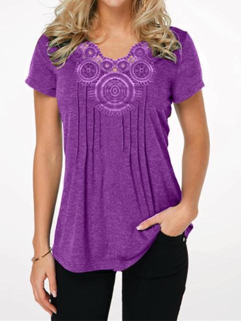 Women Short Sleeve U-neck Lace Top
