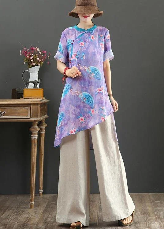 Vintage Purple Print Linen asymmetrical design Shirt Summer