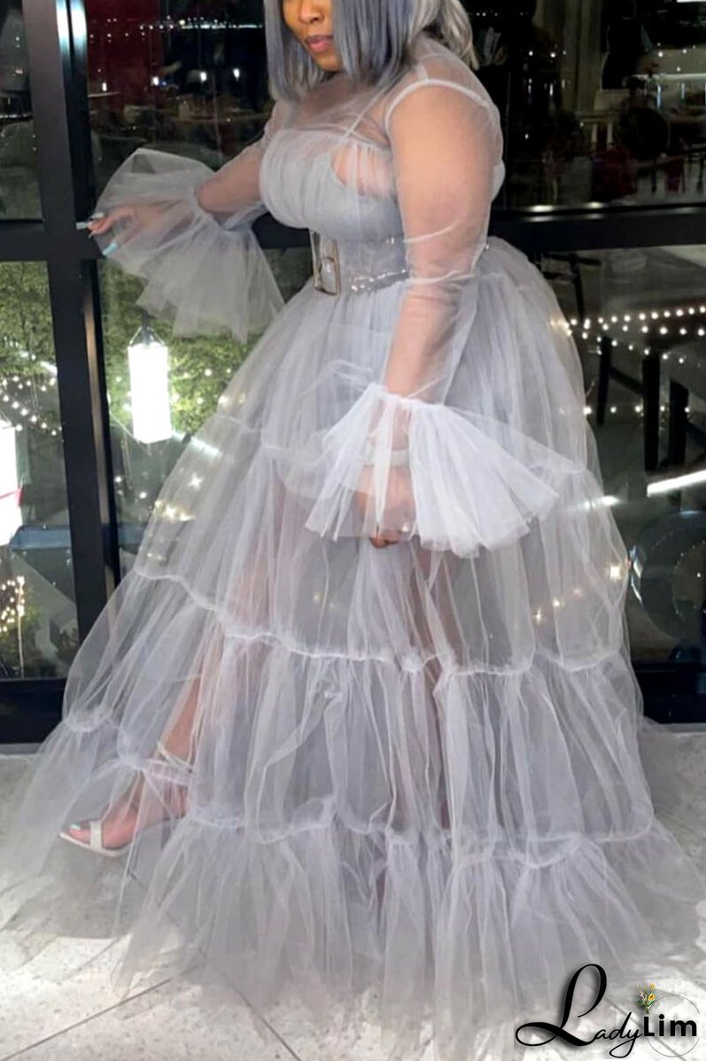 Plus Size Solid Sheer Ruffle Sleeve Maxi Dresses