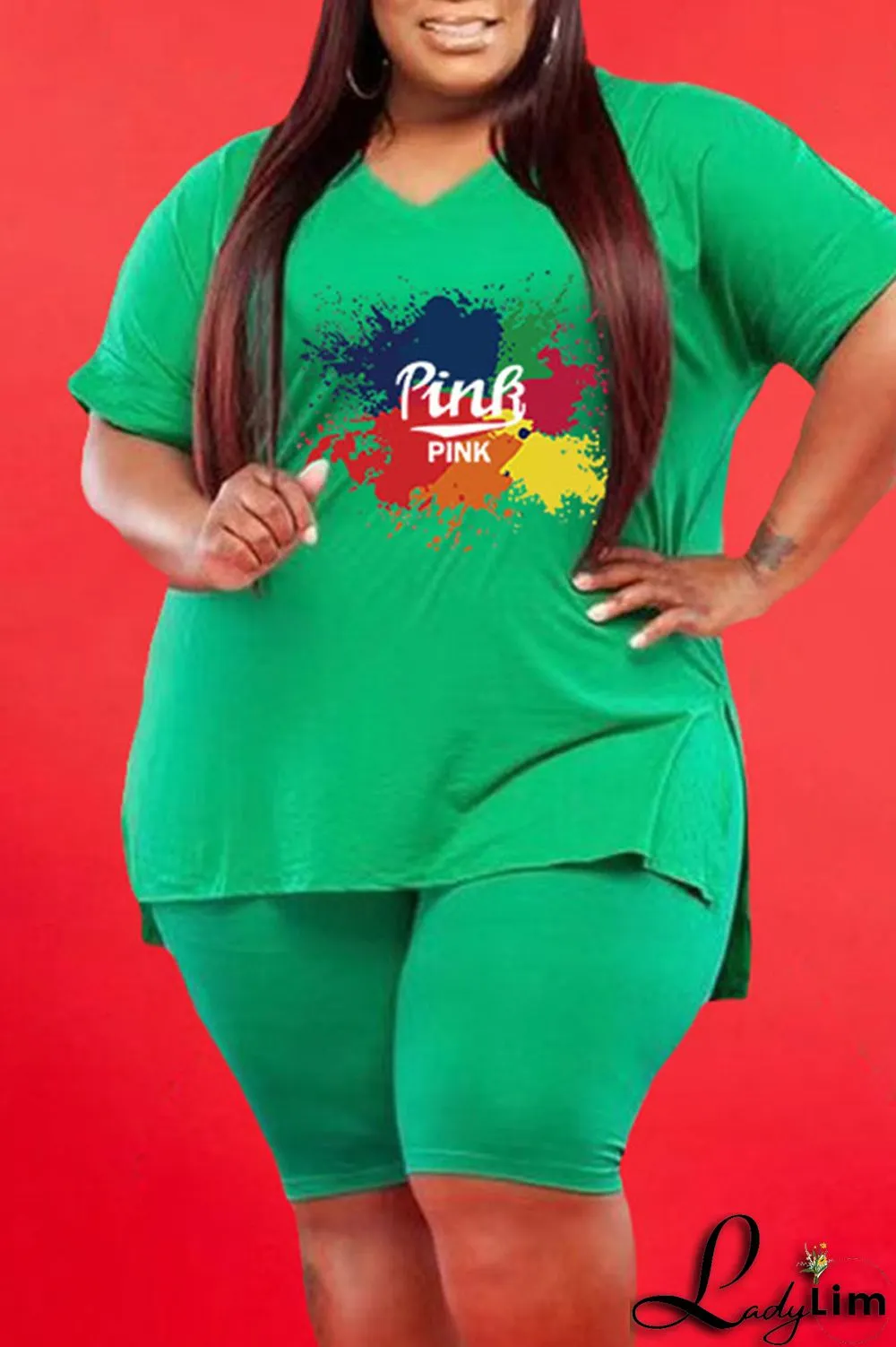 Red Casual Print V Neck Plus Size Two Pieces