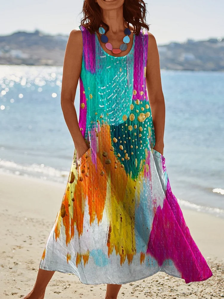 Women's  Multicolor  Art Print Casual Linen Dress