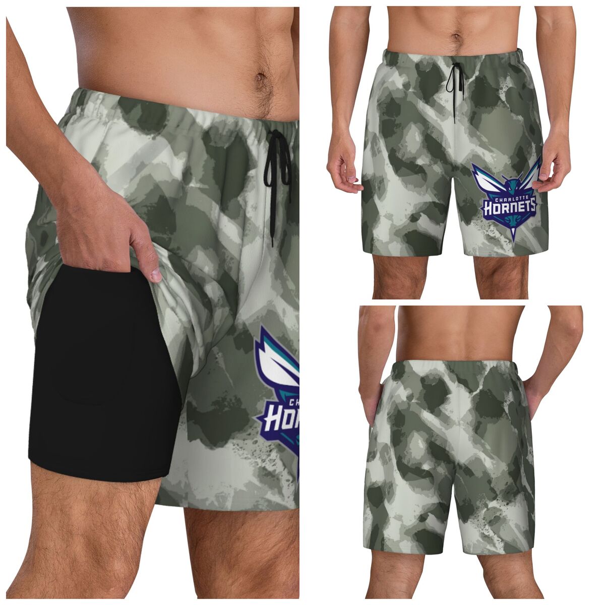 Charlotte Hornets Camo Men's Swim Trunks with Compression Liner