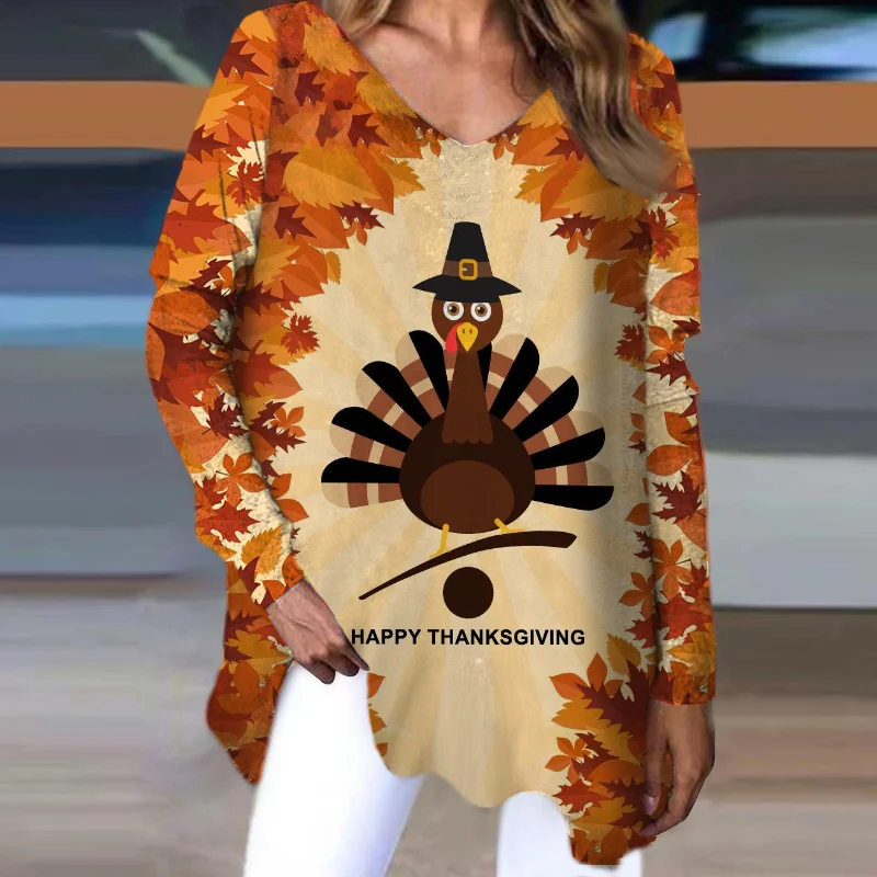 Maple Leaves Cute Turkey Print Vintage Long Sleeve Tee