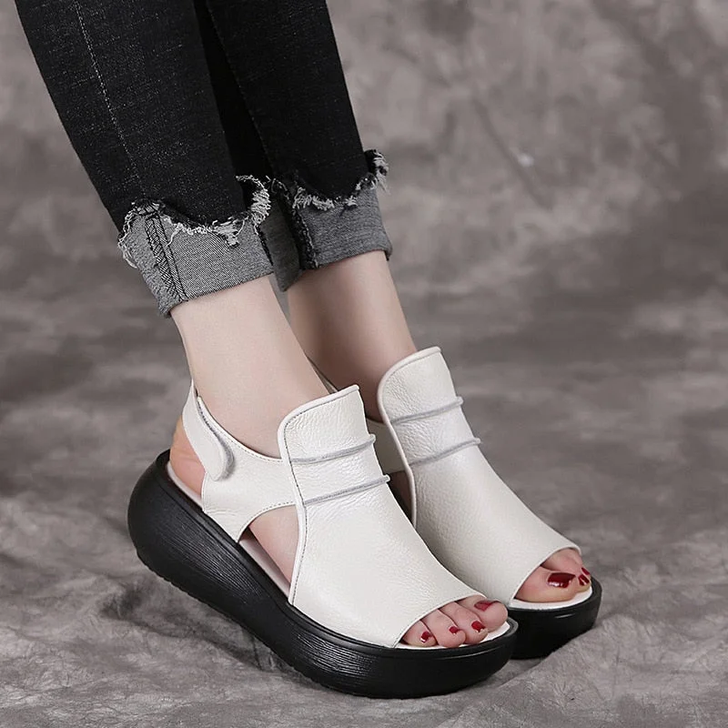 2022 Summer Shoes Thick Bottom Flat Platform Sandals For Women Genuine Cow Leather Fashion Wedges Peep Toe Women Sandals